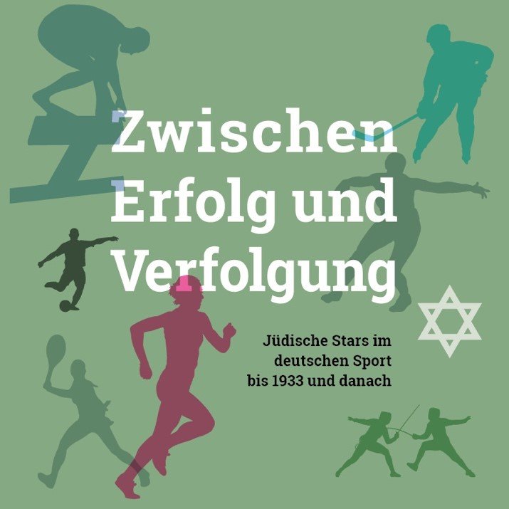 Jüdische Sportstars: Erfolg und Verfolgung. Sportarten-Silhouetten, Davidstern.